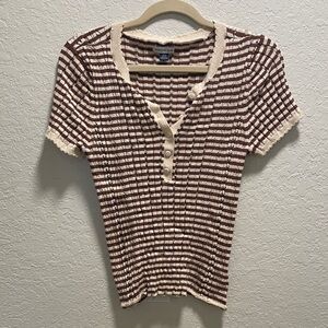 American Eagle Brown & Cream Striped Ribbed Henley Tee
